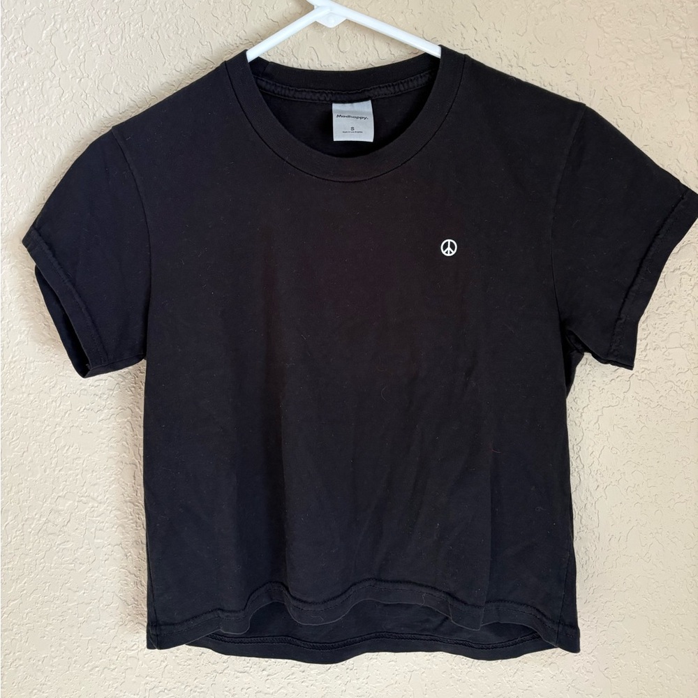 Madhappy Black Cropped Tee with Small White Peace Icon